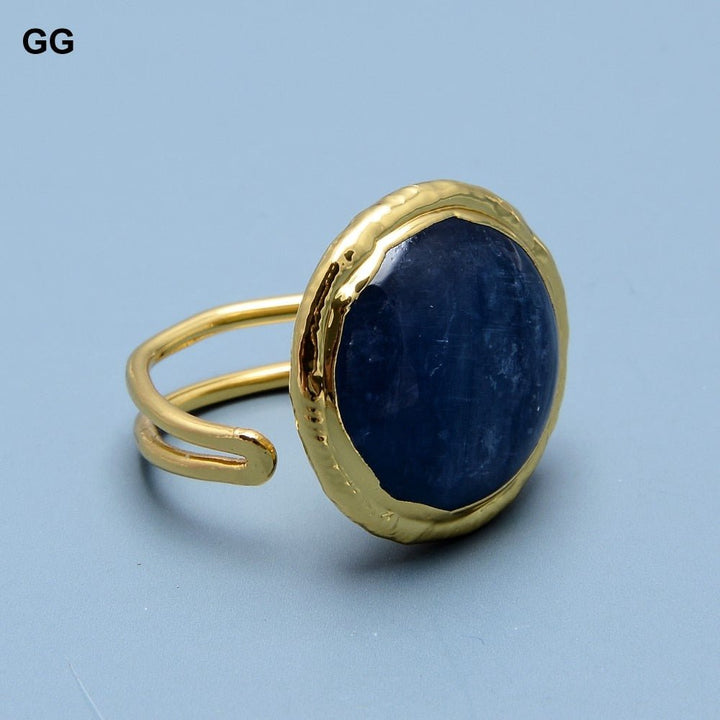 GG Jewelry Natural Coin Blue Kyanites Gold Plated Filled Ring Adjustable Size Ring Classic Style For Women - LeisFita.com