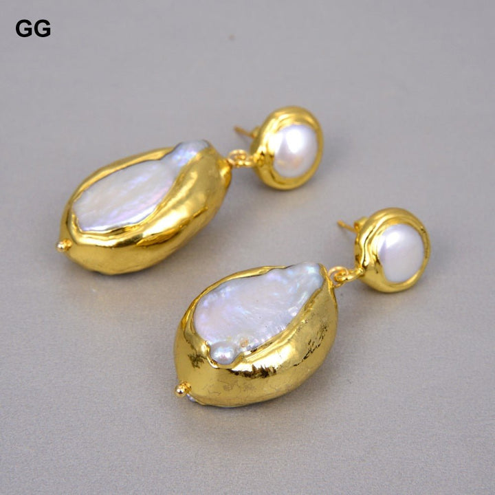 GG Jewelry Natural Cultured Baroque Keshi Pearl Necklace Keshi Pearl Golden Plated Bracelet Earrings Sets Classic For Women - LeisFita.com
