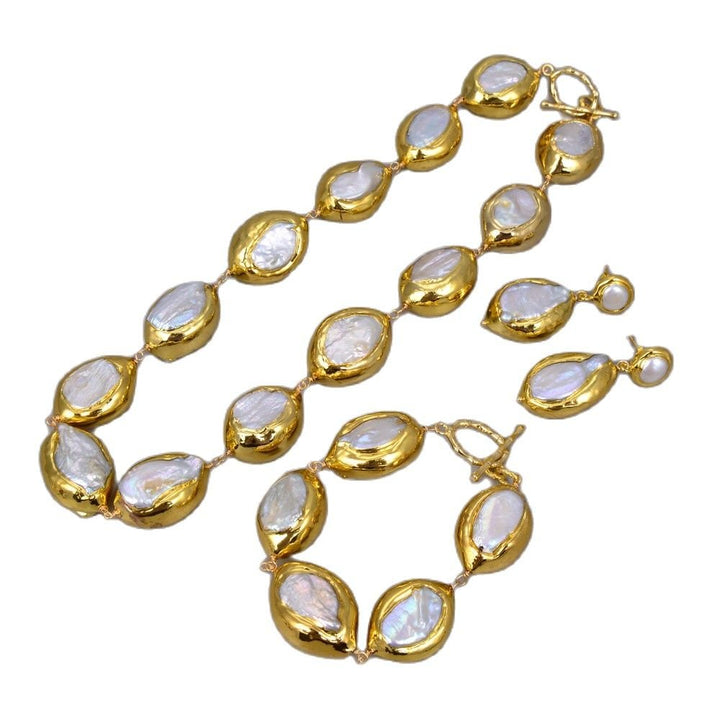 GG Jewelry Natural Cultured Baroque Keshi Pearl Necklace Keshi Pearl Golden Plated Bracelet Earrings Sets Classic For Women - LeisFita.com