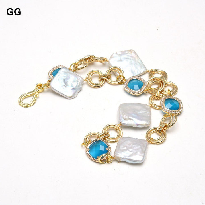 GG Jewelry Natural Cultured White Rectangle Keshi Pearl Cz Bezel Set Blue Crystal Chain Bracelet For Women Lady Jewelry - LeisFita.com