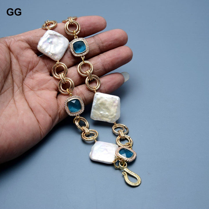 GG Jewelry Natural Cultured White Rectangle Keshi Pearl Cz Bezel Set Blue Crystal Chain Bracelet For Women Lady Jewelry - LeisFita.com