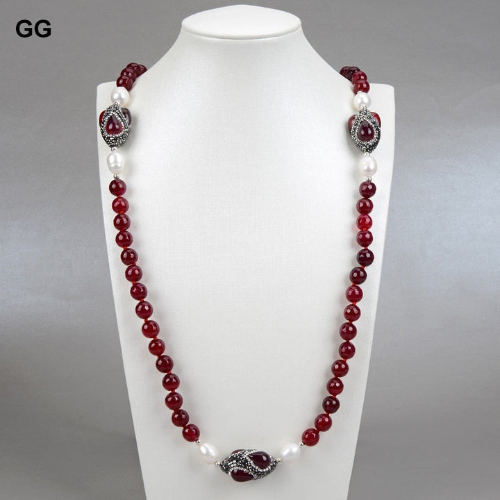 GG Jewelry Natural Cultured White Rice Pearl Fuchsia Agates Sweater Chain Station Long Necklace Bracelet Earrings Sets For Women - LeisFita.com