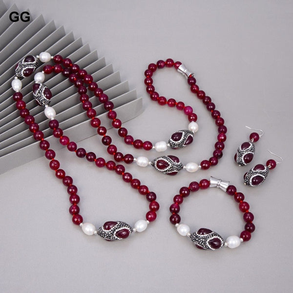 GG Jewelry Natural Cultured White Rice Pearl Fuchsia Agates Sweater Chain Station Long Necklace Bracelet Earrings Sets For Women - LeisFita.com