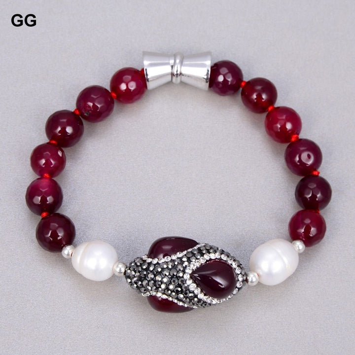 GG Jewelry Natural Cultured White Rice Pearl Fuchsia Agates Sweater Chain Station Long Necklace Bracelet Earrings Sets For Women - LeisFita.com