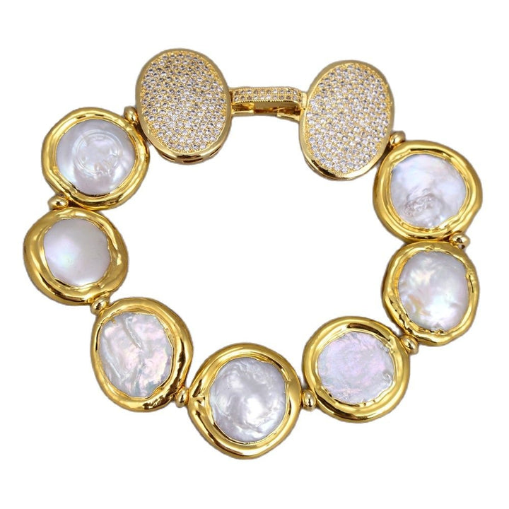 GG Jewelry Natural Freshwater Cultured White Coin Pearl Bracelet Cubic Zirconia Pave Clasp 8" Classic Style For Women - LeisFita.com