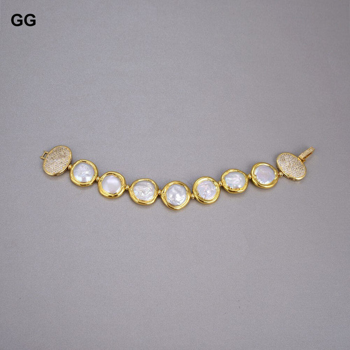 GG Jewelry Natural Freshwater Cultured White Coin Pearl Bracelet Cubic Zirconia Pave Clasp 8" Classic Style For Women - LeisFita.com