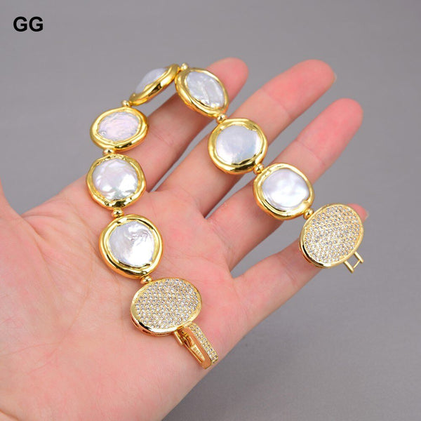 GG Jewelry Natural Freshwater Cultured White Coin Pearl Bracelet Cubic Zirconia Pave Clasp 8" Classic Style For Women - LeisFita.com