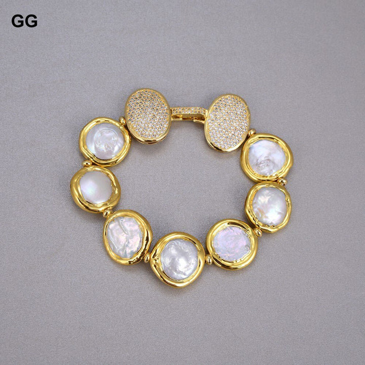 GG Jewelry Natural Freshwater Cultured White Coin Pearl Bracelet Cubic Zirconia Pave Clasp 8" Classic Style For Women - LeisFita.com