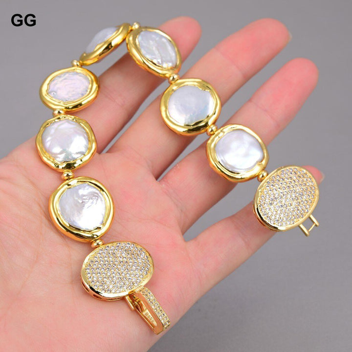 GG Jewelry Natural Freshwater Cultured White Coin Pearl Bracelet Cubic Zirconia Pave Clasp 8" Classic Style For Women - LeisFita.com