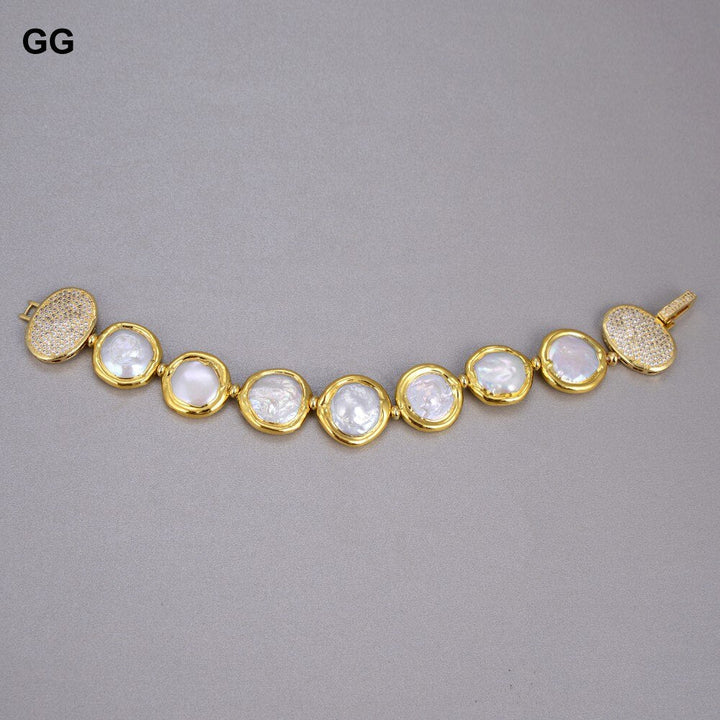 GG Jewelry Natural Freshwater Cultured White Coin Pearl Bracelet Cubic Zirconia Pave Clasp 8" Classic Style For Women - LeisFita.com