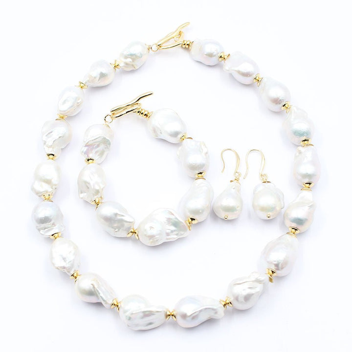 GG Jewelry Natural Freshwater Cultured White Keshi Baroque Pearl Necklace Bracelet Earrings Sets For Women Lady Fashion - LeisFita.com