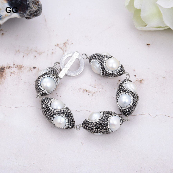 GG Jewelry Natural Freshwater Cultured White Pearl Black Rhinestone Pave Olive shape Bracelet 8.5" Handmade For Women - LeisFita.com