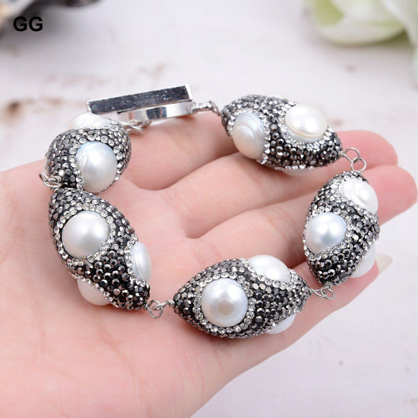 GG Jewelry Natural Freshwater Cultured White Pearl Black Rhinestone Pave Olive shape Bracelet 8.5" Handmade For Women - LeisFita.com