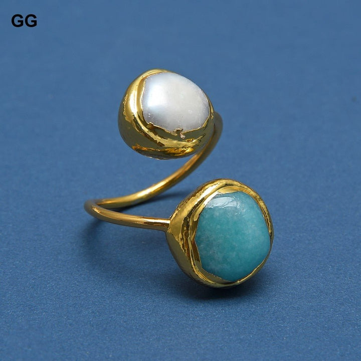 GG Jewelry Natural Freshwater Pearl Gold Color Bezel Pearl Finger Green Amazonites Rings Adjustable Gift Classic For Women - LeisFita.com
