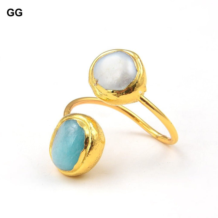 GG Jewelry Natural Freshwater Pearl Gold Color Bezel Pearl Finger Green Amazonites Rings Adjustable Gift Classic For Women - LeisFita.com