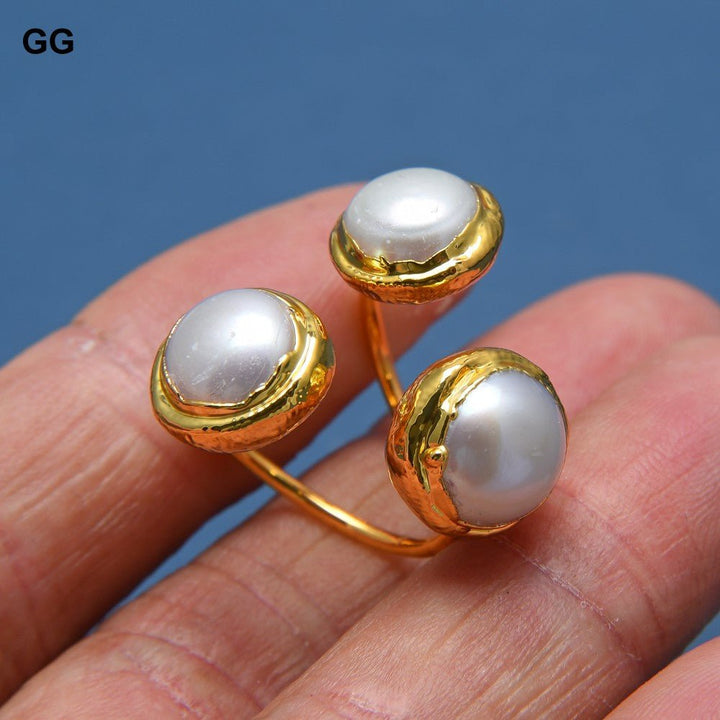 GG Jewelry Natural Freshwater Pearl With Gold Plated Bezel Tiny Pearl Finger Rings For Women Gift Adjustable Classic For Women - LeisFita.com