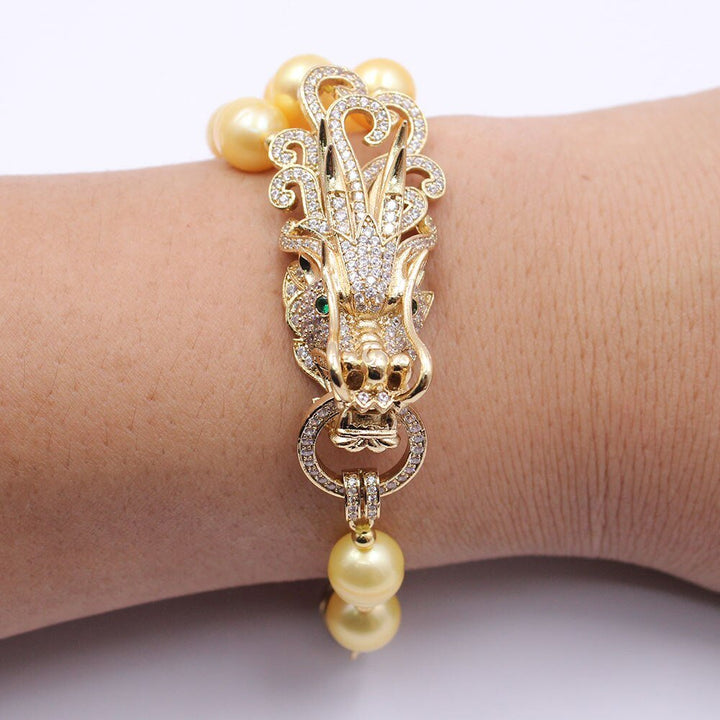 GG Jewelry Natural Golden Rice Pearl Bracelet Dragon CZ Pave Connector Bangle Handmade For Women - LeisFita.com