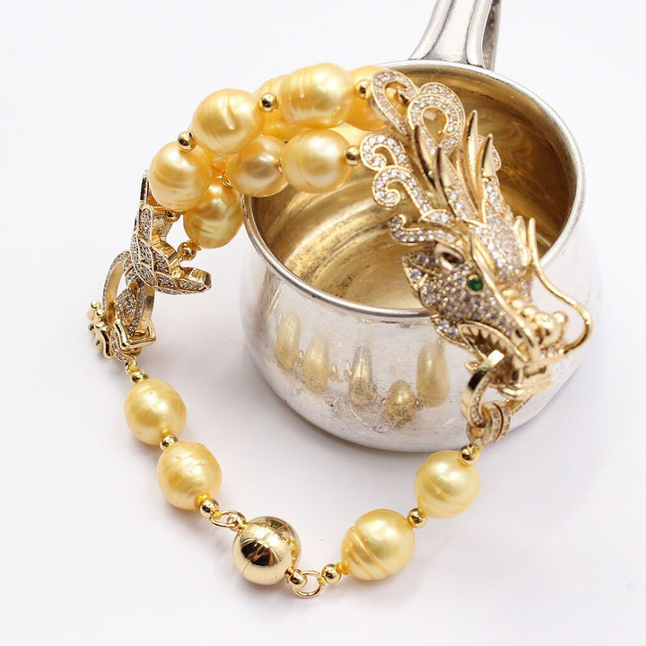 GG Jewelry Natural Golden Rice Pearl Bracelet Dragon CZ Pave Connector Bangle Handmade For Women - LeisFita.com