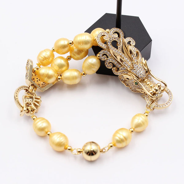 GG Jewelry Natural Golden Rice Pearl Bracelet Dragon CZ Pave Connector Bangle Handmade For Women - LeisFita.com