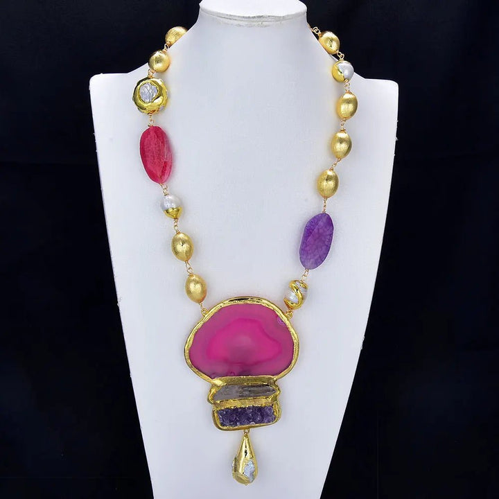 GG Jewelry Natural Keshi Pearl Mix Agate Stone Fashion Bezel Gold Plated Brushed Beads Necklace Amethyst Biwa Pearl Pendant - LeisFita.com