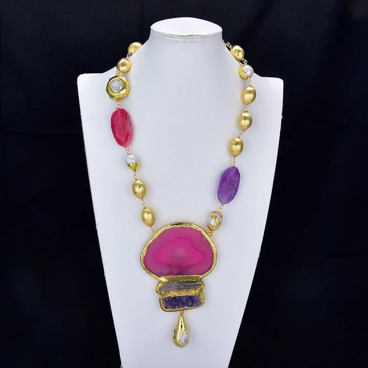 GG Jewelry Natural Keshi Pearl Mix Agate Stone Fashion Bezel Gold Plated Brushed Beads Necklace Amethyst Biwa Pearl Pendant - LeisFita.com