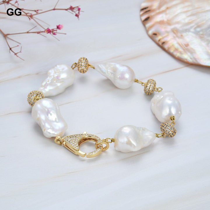 GG Jewelry Natural Pearl Classic 8" Freshwater White Baroque Keshi Pearl Bracelet CZ pave Beads Connectors Women Fashion Jewelry - LeisFita.com