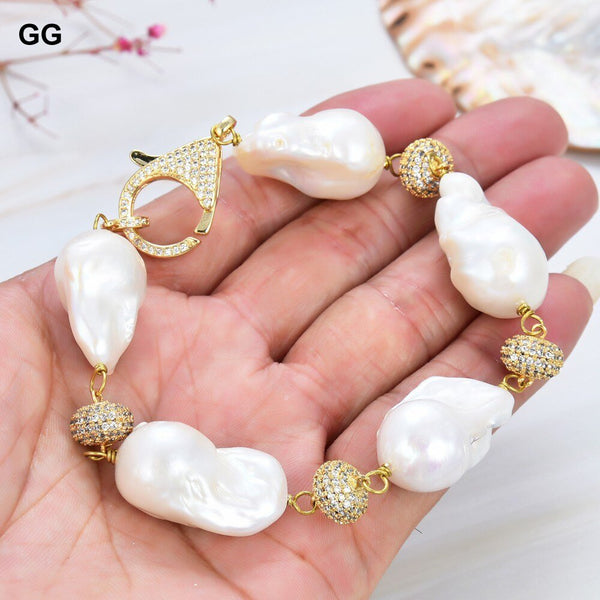 GG Jewelry Natural Pearl Classic 8" Freshwater White Baroque Keshi Pearl Bracelet CZ pave Beads Connectors Women Fashion Jewelry - LeisFita.com