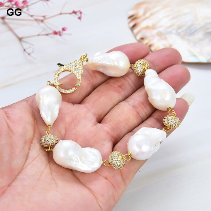 GG Jewelry Natural Pearl Classic 8" Freshwater White Baroque Keshi Pearl Bracelet CZ pave Beads Connectors Women Fashion Jewelry - LeisFita.com