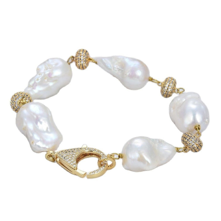 GG Jewelry Natural Pearl Classic 8" Freshwater White Baroque Keshi Pearl Bracelet CZ pave Beads Connectors Women Fashion Jewelry - LeisFita.com