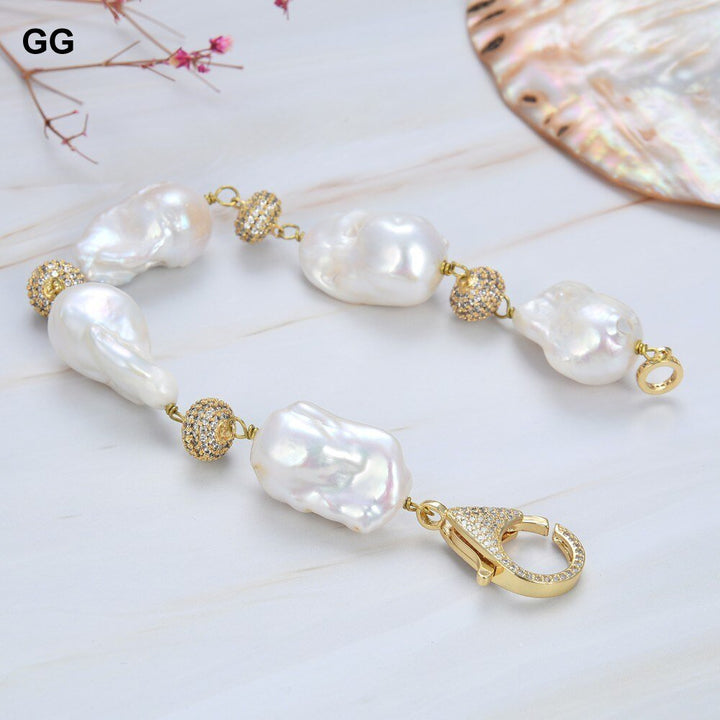 GG Jewelry Natural Pearl Classic 8" Freshwater White Baroque Keshi Pearl Bracelet CZ pave Beads Connectors Women Fashion Jewelry - LeisFita.com