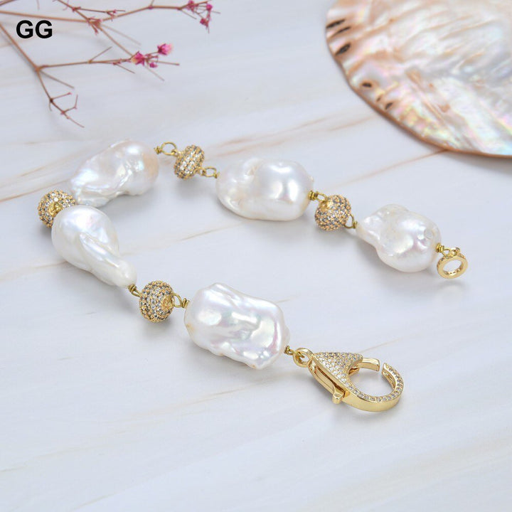 GG Jewelry Natural Pearl Classic 8" Freshwater White Baroque Keshi Pearl Bracelet CZ pave Beads Connectors Women Fashion Jewelry - LeisFita.com