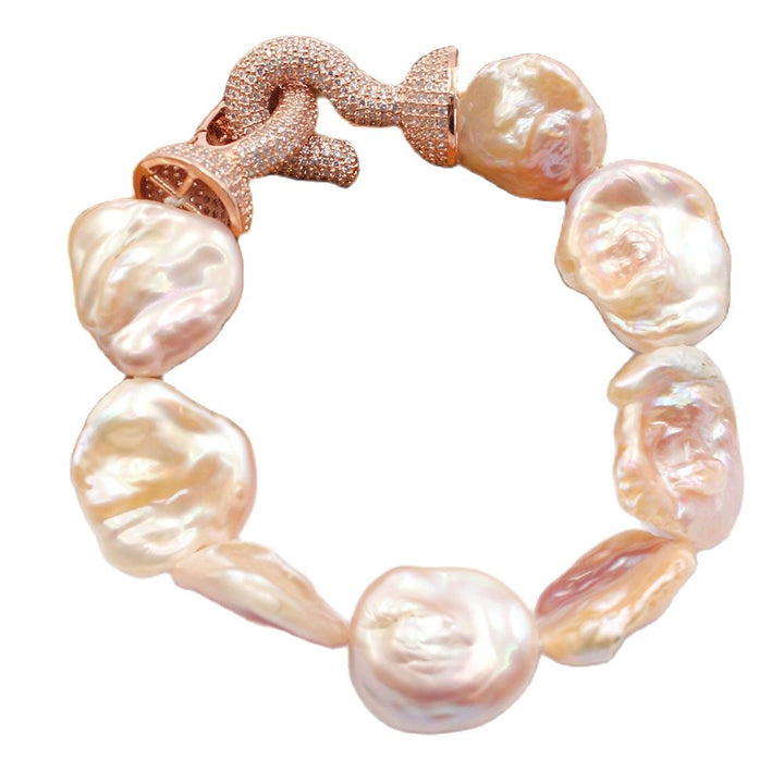 GG Jewelry Natural Pink Lavender Baroque Keshi Pearl Freedom Coin Pearl Rose Gold CZ Paved Clasp Bracelet Handmade For Women - LeisFita.com