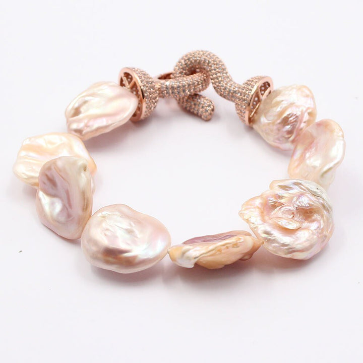 GG Jewelry Natural Pink Lavender Baroque Keshi Pearl Freedom Coin Pearl Rose Gold CZ Paved Clasp Bracelet Handmade For Women - LeisFita.com