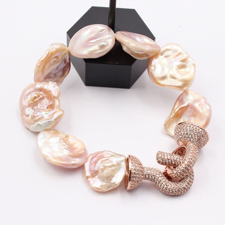 GG Jewelry Natural Pink Lavender Baroque Keshi Pearl Freedom Coin Pearl Rose Gold CZ Paved Clasp Bracelet Handmade For Women - LeisFita.com