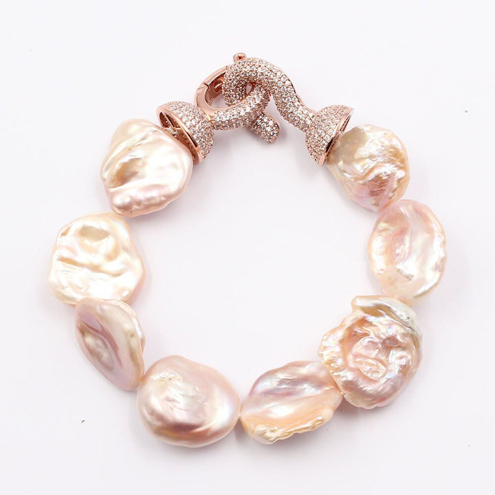 GG Jewelry Natural Pink Lavender Baroque Keshi Pearl Freedom Coin Pearl Rose Gold CZ Paved Clasp Bracelet Handmade For Women - LeisFita.com