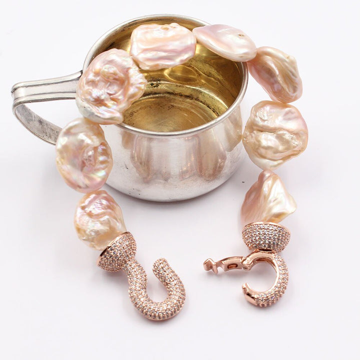 GG Jewelry Natural Pink Lavender Baroque Keshi Pearl Freedom Coin Pearl Rose Gold CZ Paved Clasp Bracelet Handmade For Women - LeisFita.com