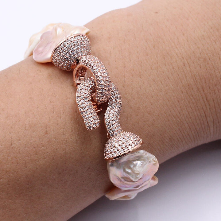 GG Jewelry Natural Pink Lavender Baroque Keshi Pearl Freedom Coin Pearl Rose Gold CZ Paved Clasp Bracelet Handmade For Women - LeisFita.com