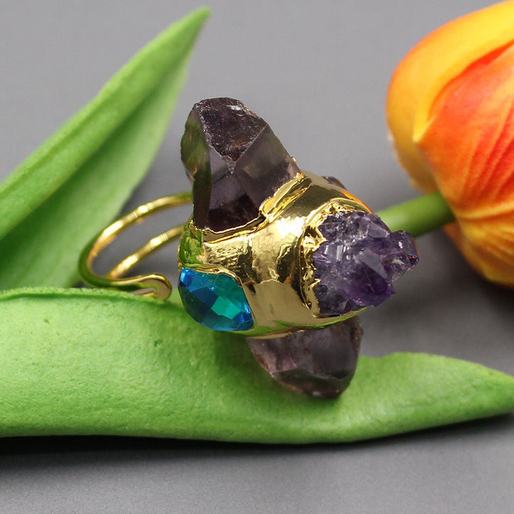 GG Jewelry Natural Point Druzy Amethyst Rough Raw Blue Crystal Ring Gold Plated Adjustable For Lady - LeisFita.com