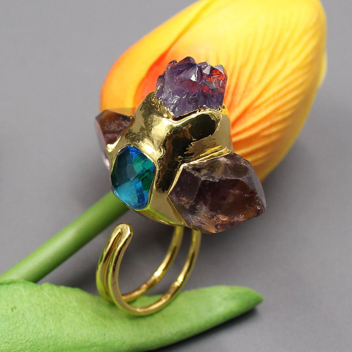 GG Jewelry Natural Point Druzy Amethyst Rough Raw Blue Crystal Ring Gold Plated Adjustable For Lady - LeisFita.com