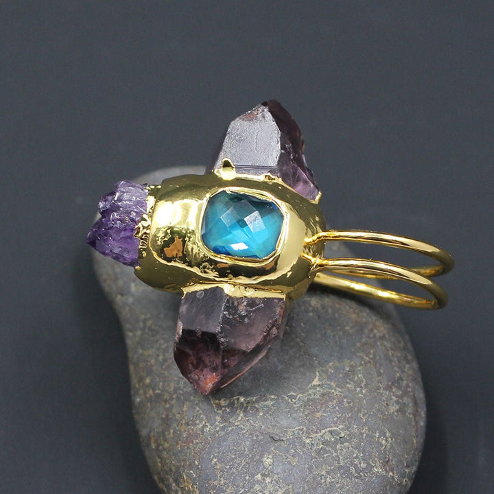 GG Jewelry Natural Point Druzy Amethyst Rough Raw Blue Crystal Ring Gold Plated Adjustable For Lady - LeisFita.com