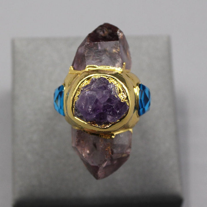 GG Jewelry Natural Point Druzy Amethyst Rough Raw Blue Crystal Ring Gold Plated Adjustable For Lady - LeisFita.com