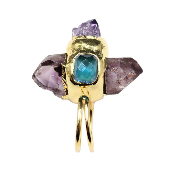 GG Jewelry Natural Point Druzy Amethyst Rough Raw Blue Crystal Ring Gold Plated Adjustable For Lady - LeisFita.com