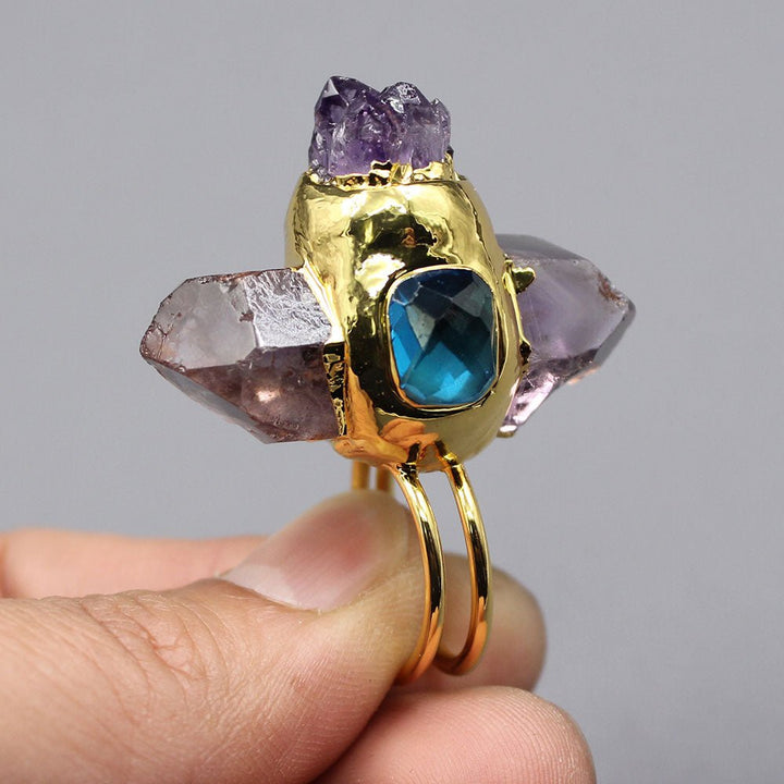 GG Jewelry Natural Point Druzy Amethyst Rough Raw Blue Crystal Ring Gold Plated Adjustable For Lady - LeisFita.com