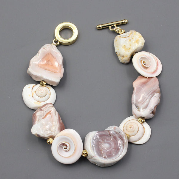 GG Jewelry Natural Rare Pink Botswana Agate Nugget Conch Shell Pearl Bracelet Handmade Cute For Women - LeisFita.com