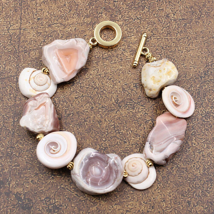 GG Jewelry Natural Rare Pink Botswana Agate Nugget Conch Shell Pearl Bracelet Handmade Cute For Women - LeisFita.com