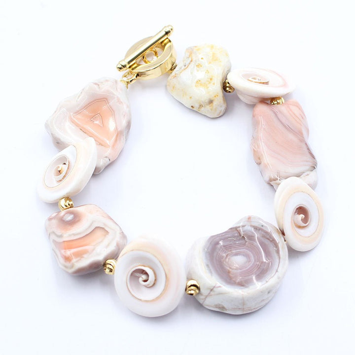 GG Jewelry Natural Rare Pink Botswana Agate Nugget Conch Shell Pearl Bracelet Handmade Cute For Women - LeisFita.com