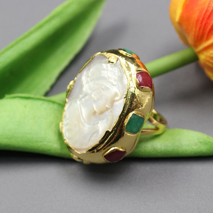 GG Jewelry Natural Shell Pearl Beauty Multi Color Jade Gold Plated Ring Adjustable Handmade For Lady - LeisFita.com