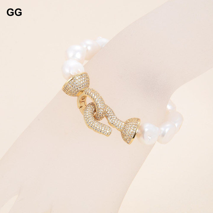 GG Jewelry Natural White Baroque Keshi Pearl Bracelet CZ Clasp Classic For Women - LeisFita.com