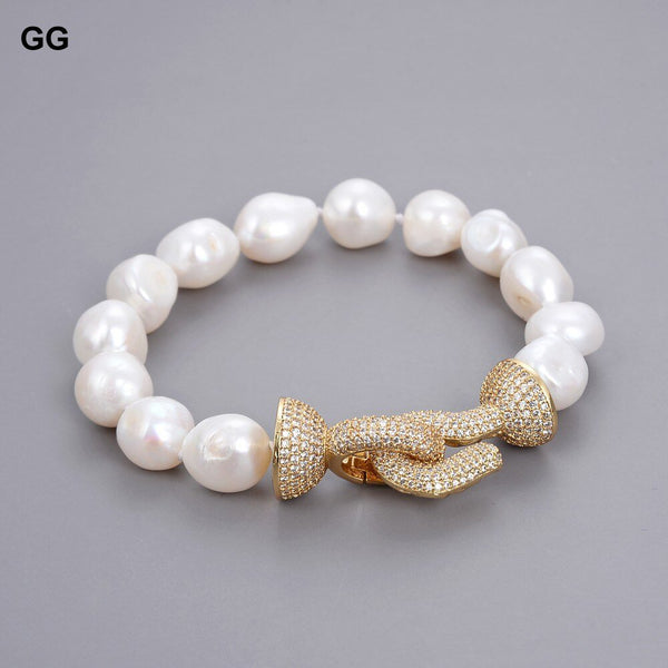 GG Jewelry Natural White Baroque Keshi Pearl Bracelet CZ Clasp Classic For Women - LeisFita.com