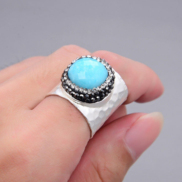 GG Jewelry Natural White Pearl blue Jade White Gray Quartz Druzy Shell trimmed black macarsite Cuff Gold Plated Ring - LeisFita.com